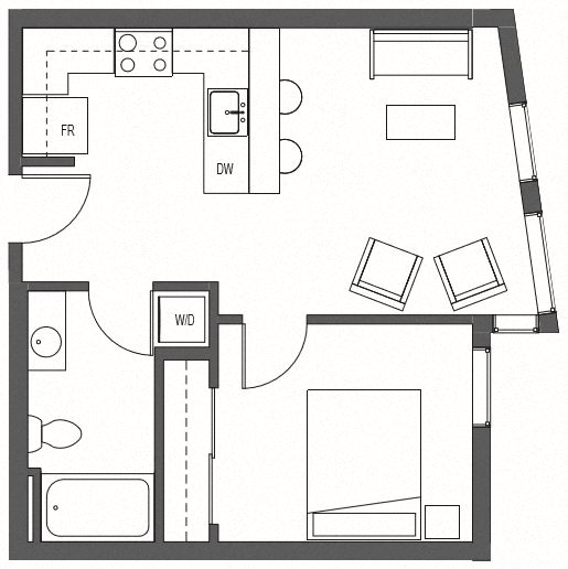 Floor plan for 1 bed, 1 bath, 518 sqft